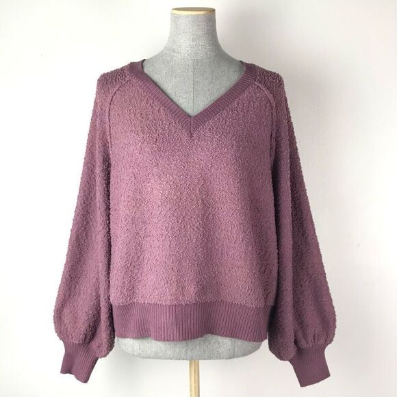 Dreamers Purple Mauve Balloon Sleeve V Neck Sweater - Picture 1 of 9